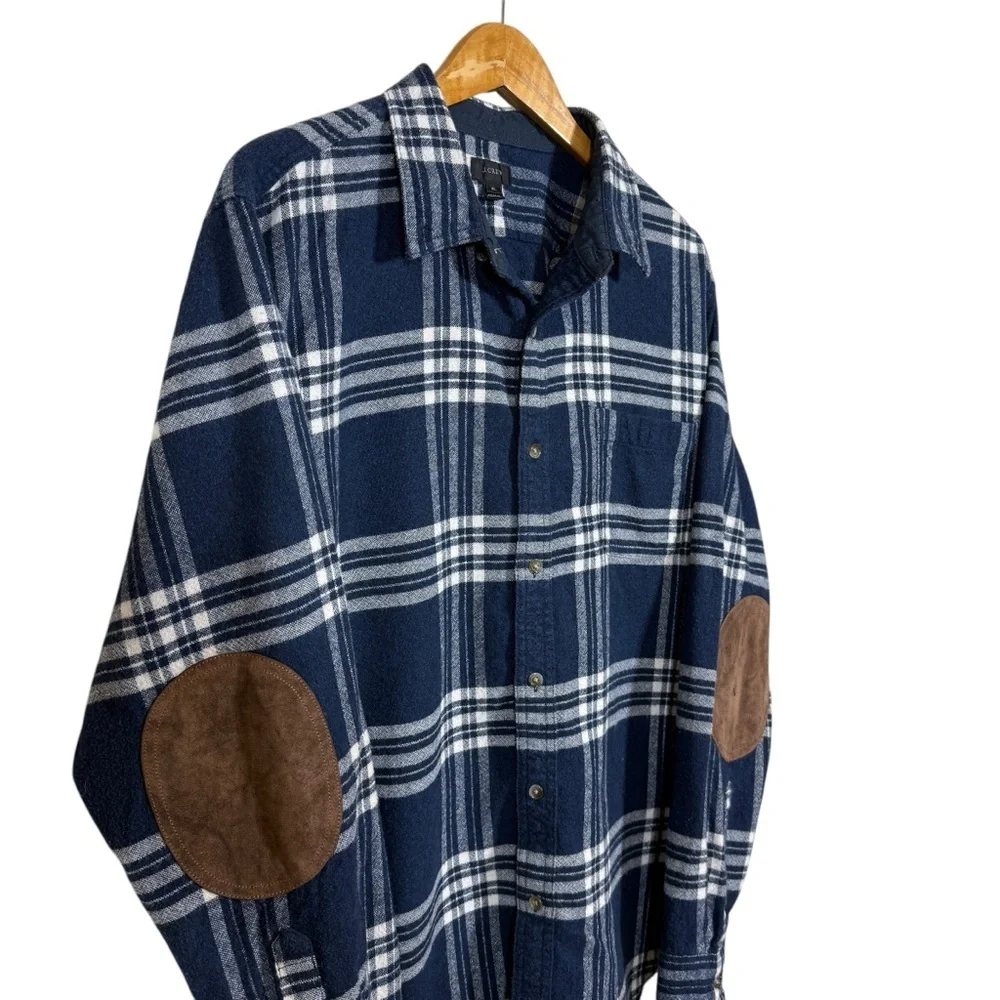 J. Crew Blue And White Plaid Button Down Elbow Patch Flannel Shirt Mens Size XL